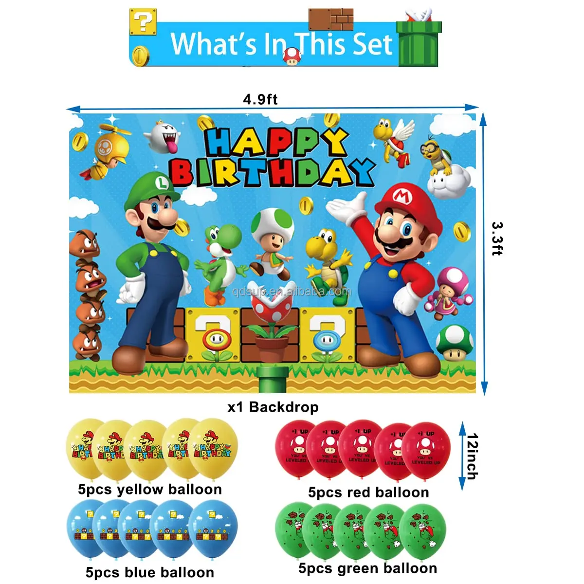 Mario Backdrop Banner Cake Topper Balloons Mario Bros Birthday Party ...