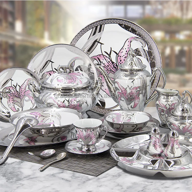 Königliches Geschirr Küchen-silber Vollständiges Design Feines Porzellan Keramik 86-teiliges Saudi-arabisches Markt-dinner-set Für 12 Personen
