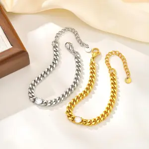 Fine Tarnish Free Dainty Jewelry Stainless Steel Waterproof Chunky Thick Cuban Chain Zircon Bracelets Gold Plated Bracelets