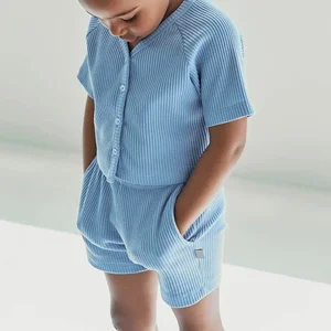 Wholesale Plain Kids Two Piece Outfits Summer Boy Girl Clothing Toddler Baby Summer Waffle Girl Clothing Set