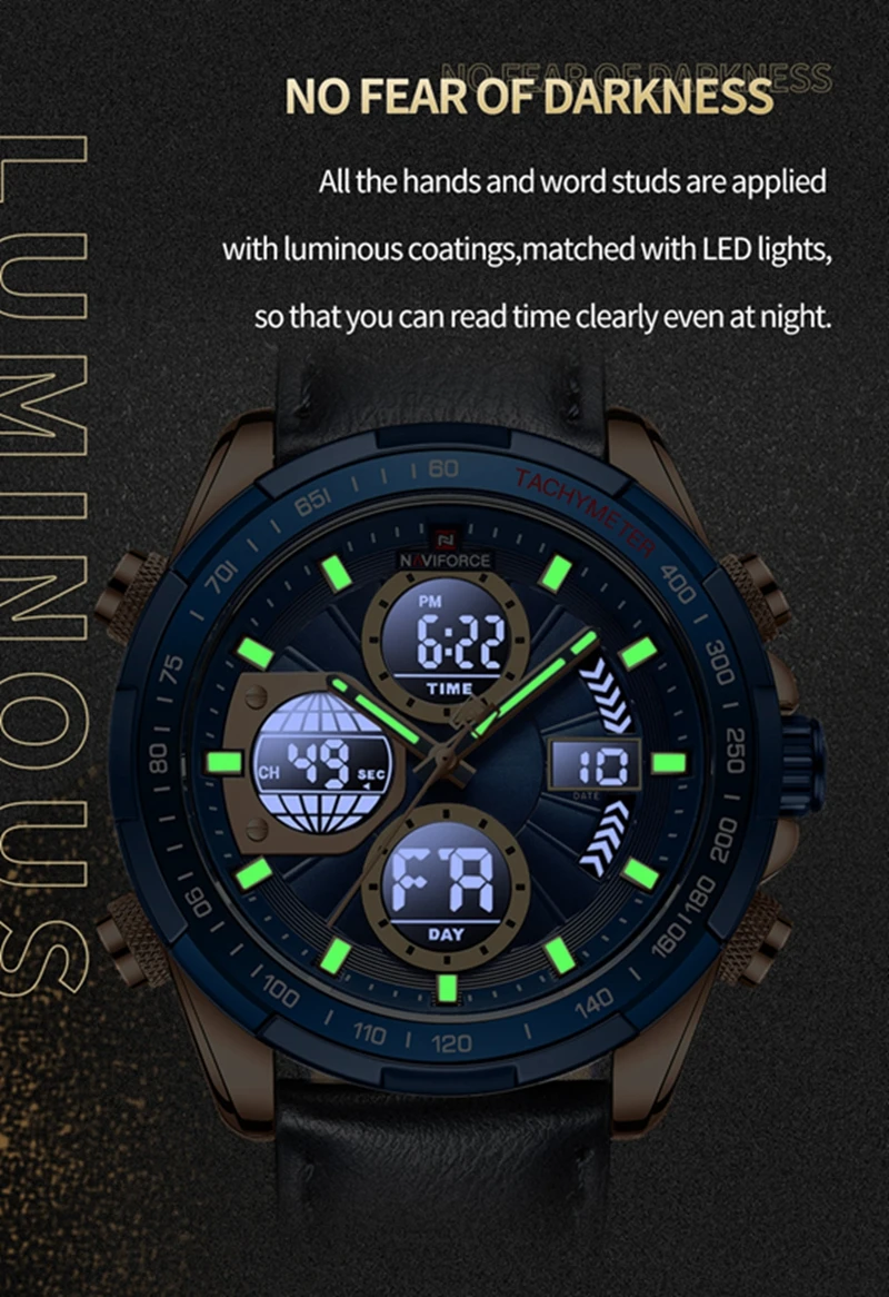 NAVIFORCE 9197L Quartz Watches Mens Luxury Sport Chronograph Waterproof Quartz Big Clock Digital Wristwatches Men Watch