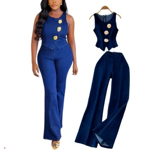 6631 New Arrival Summer Fall Clothing Denim Wear Women Sleeveless Metal Buckle Denim Tops and Wide Leg Jeans Pant 2 Piece Set