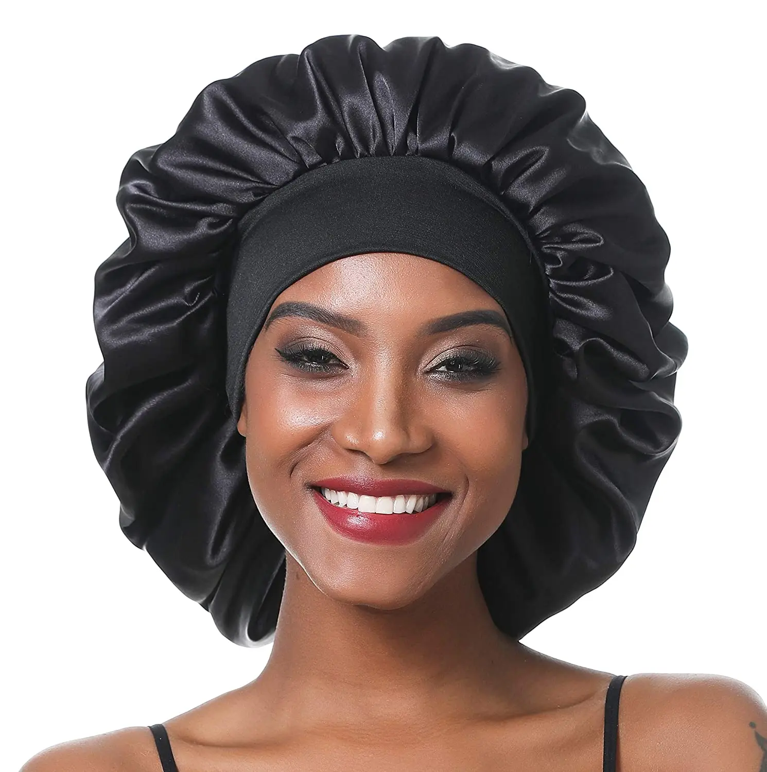 Long Satin Bonnet Sleep Cap,Black Extra Large Silk Bonnet for Natural Hair,  Bonnets for Women Night Sleep,Wide Elastic Band, Very Soft & Comfortable
