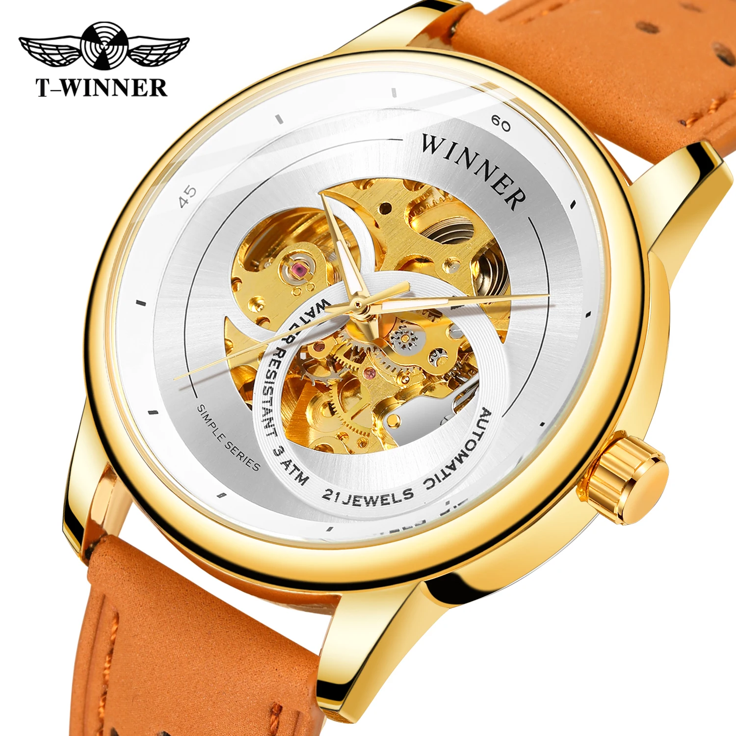 T-WINNER Gold Skeleton Men's Automatic Sport Watch