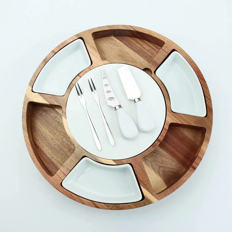 Party Cheese Meat Vegetable Cutting Boards Lazy Susan Round Acacia Wood Charcuterie Serving Board with Porcelain Bowl