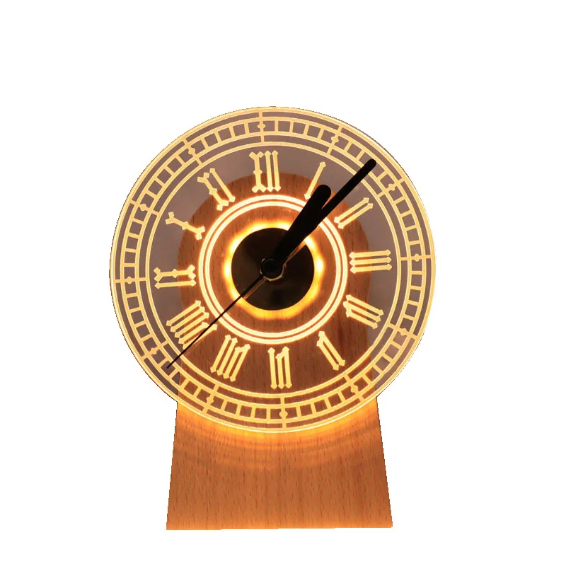 2023 Custom Design Wood Silent Light in Dark Night Nordic Fashion Desktop Clock Non Ticking Clock With Night Light