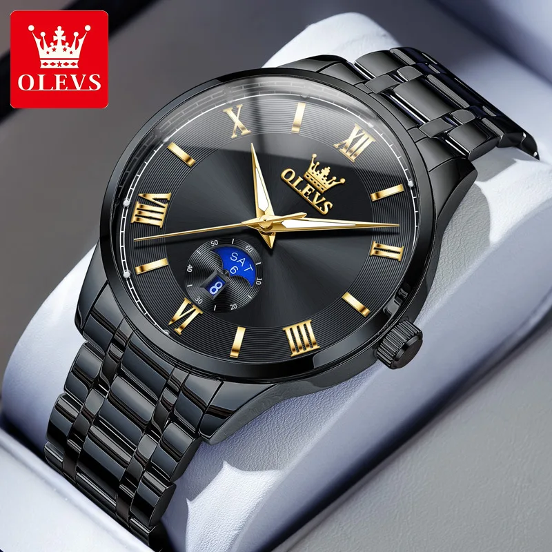 OLEVS 3638 Men's Waterproof Luminous Date Wristwatch Brand Original Quartz  Watch Men Stainless Steel Fashion Moon Phase Watches
