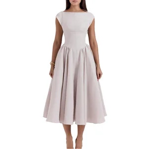 Women's Elegant Chic White Summer Plain Dyed Maxi Dress O-Neck Sleeveless High-Waist Slim-Fit Backless Ruffled Zipper A-Line