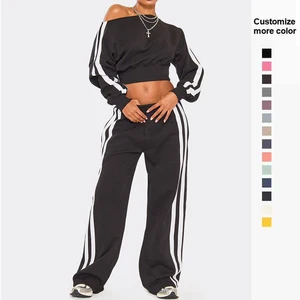 Custom Apparel Fashion Striped  Women's Set Long Sleeve Sweatshirt and Sweat Pants Tracksuit 2026 Winter Two 2 Piece Set