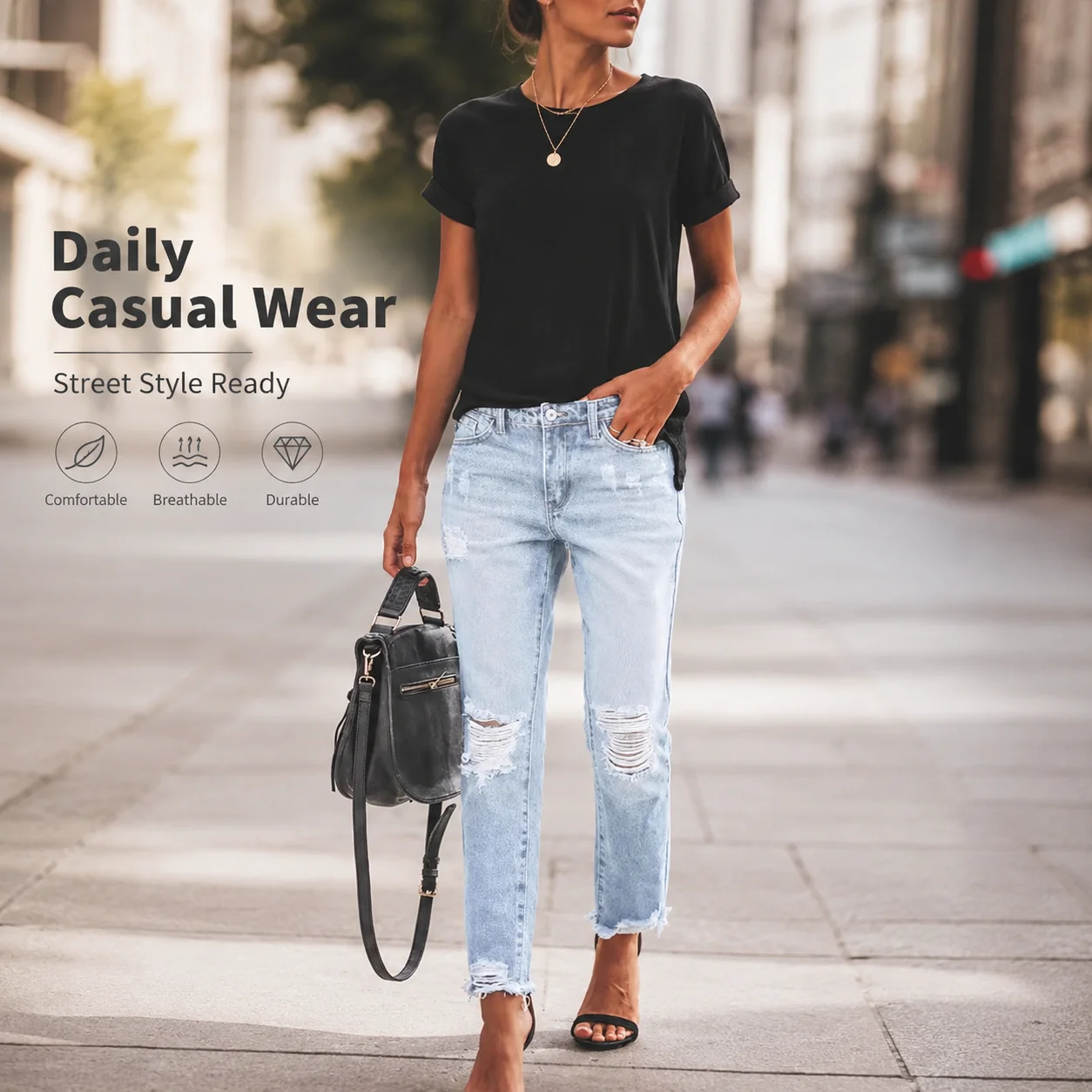 Women's Straight Mid Waist Ripped Non-Stretch Vintage Denim Pants Quick Dry