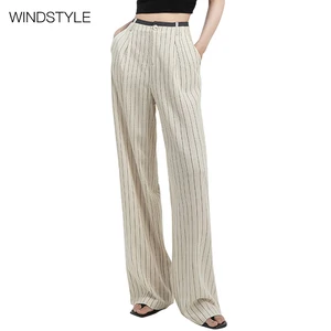 Linen Summer Ladies Casual Joker Striped Wide Leg Pants High Waist Slimming Design Formal Style Thin Women's Suit Pants