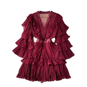 Solid Midi Dress Summer Casual Elegant Cotton Feminine Party Dress Flutter Sleeves Deep V-Neck Tiered Ruffles Belt New Style