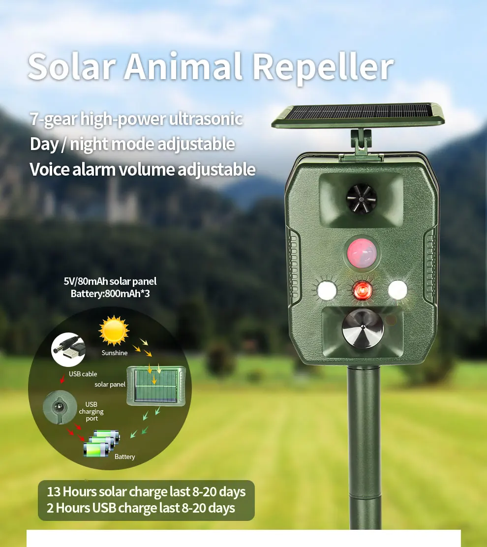 Saijzek Amz Hot Sale Solar Powered Rechargeable mole snake cat bird repellent outdoor device ultrasonic bird repeller for Garden supplier