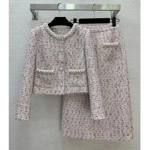 AELESEEN Designer Fashion Tweed Set Women Autumn Winter Temperament Slimming Beading Pearls Coat + Midi Skirt Two-piece Set