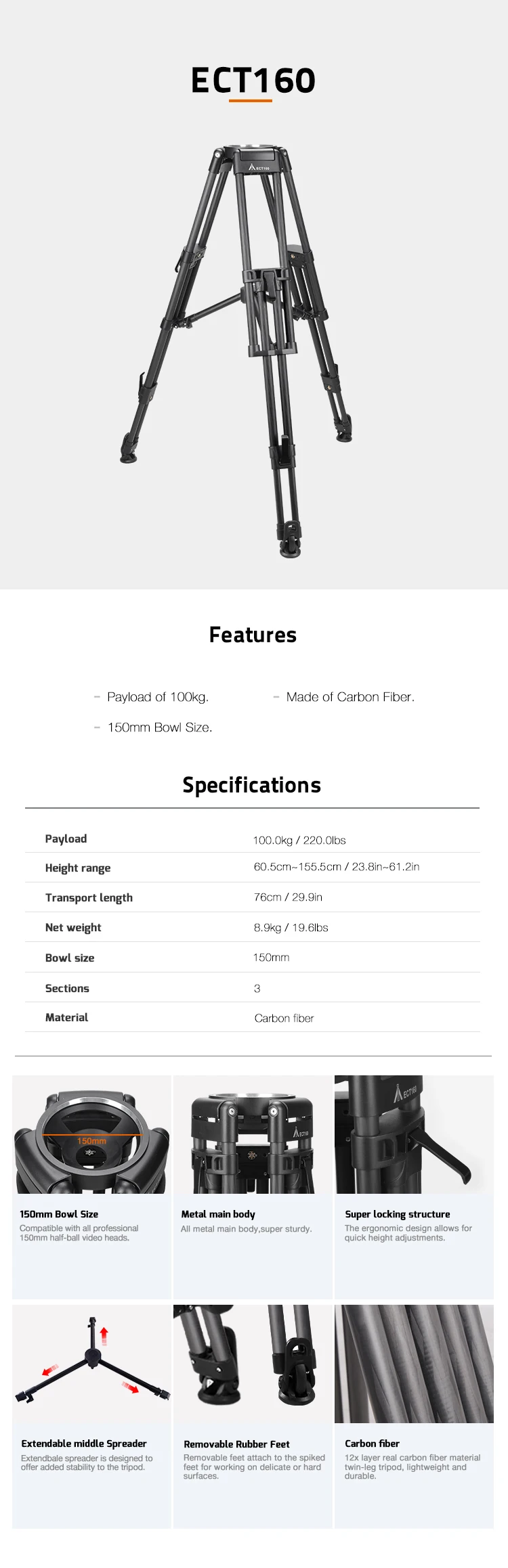 ..E-IMAGE ECT160 Professional with 150mm Bowl Heavy Duty Carbon Fiber Video Trip