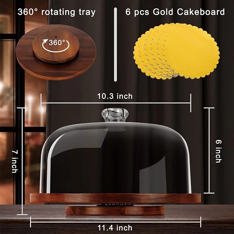 Custom Rotating Cake Stand with Clear Acrylic Dome Lid Wood Cake Stand with Turntable Base Cake Display Server Tray for Party