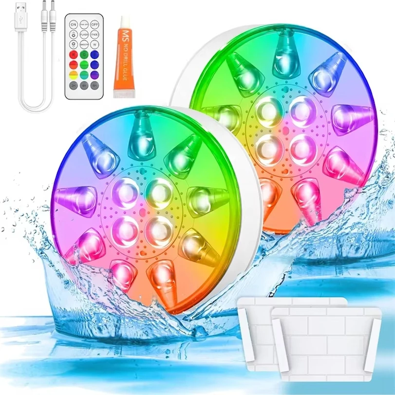 New top quality 16 colors rgb led swimming pool usb rechargeable submersible ip68 underwater lights for with RF remote for boat