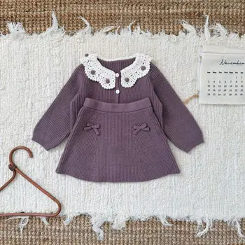 Autumn Winter Girls Baby Suit Hand Crochet Collar Long Sleeve Floral Pattern Cardigan Button Sweater + Bow Skirt Two Set