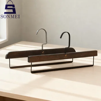 Heavy Duty Solid Brown Flocking Bar Engraved Logo Beech Wooden Pants Hangers