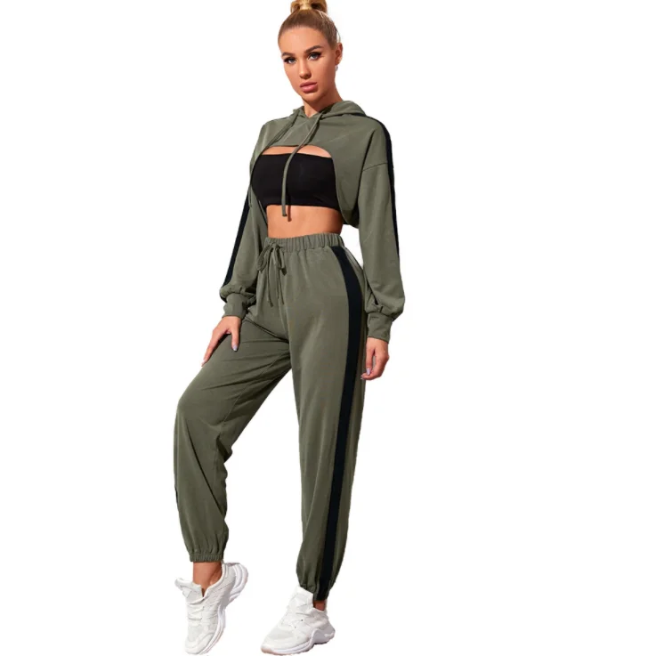 Personalized Design Army Green Sweatsuit Wholesale Women Solid Color Long Sleeve 2 Piece Sweatsuit Set