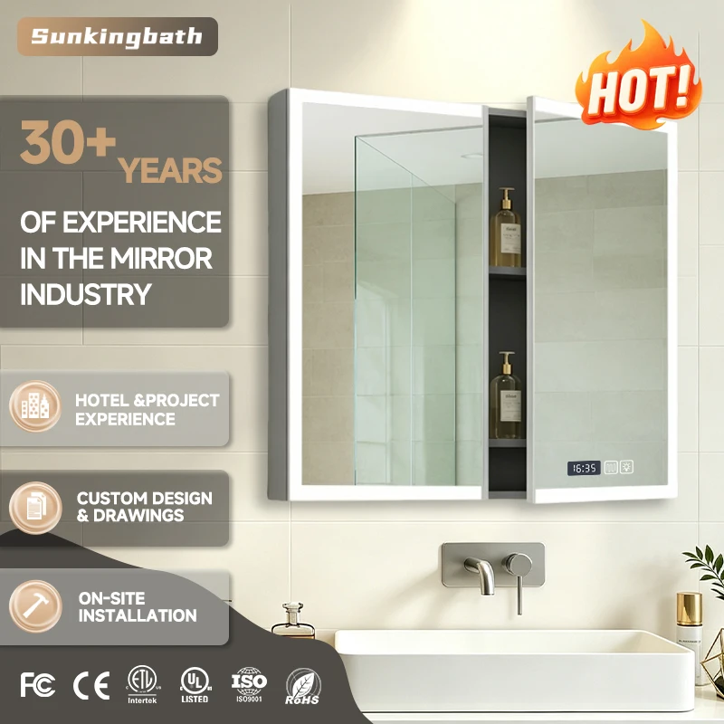 LED Mirror Cabinet Anti-Fog Backlit Front Lit Dual Light Wall Mounted Bathroom Storage Cabinet with Mirror Doors Aluminum Frame