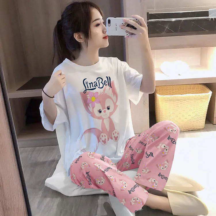 Moda coreana casa terno para as mulheres 2 peças/conjunto pijamas de dormir  curto topos longo pant algodão feminino menina conjunto mujer - AliExpress