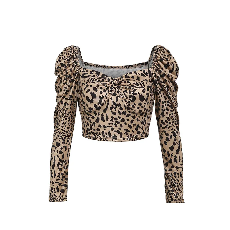 Sexy Women Leopard Crop Tops Blouse Ladies Deep U Collar Long Sleeve ...