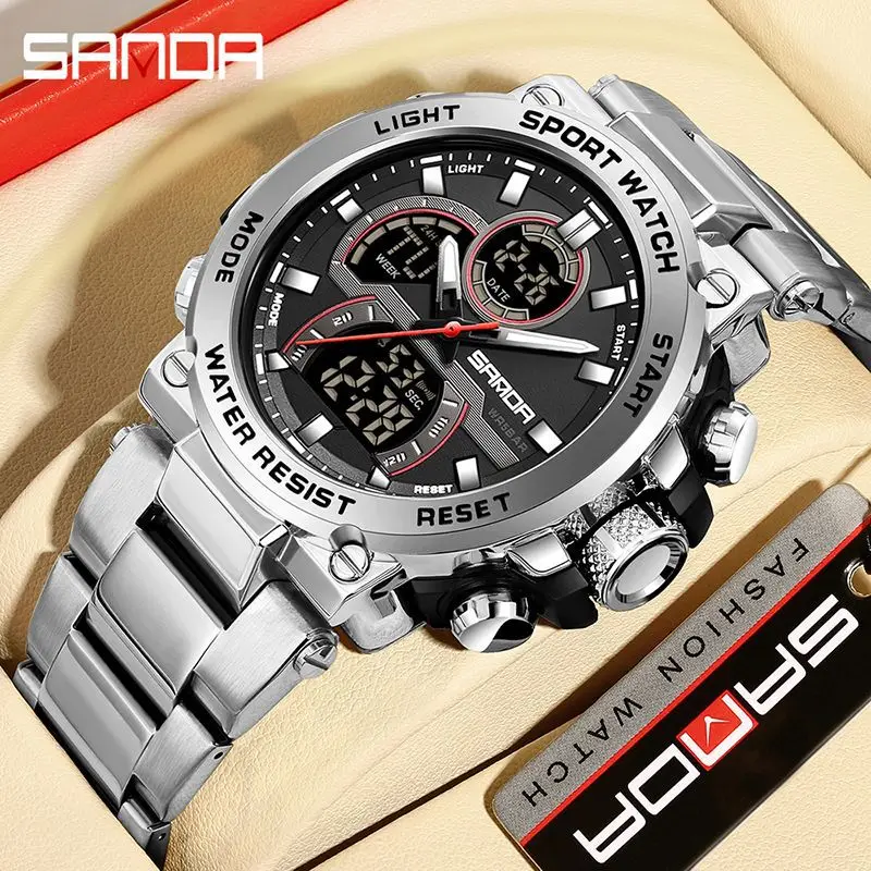 Sanda 6175 Stainless Steel Digital LED Display Men's Watch