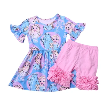 Summer girls boutique sets flare sleeve milk silk cartoon print princess ruffle pink shorts sets