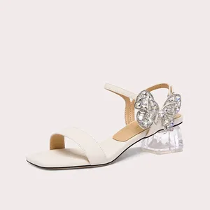Newest Women Silver Rhinestone Chunky Heels Crystal Sandals Summer One Strap Design