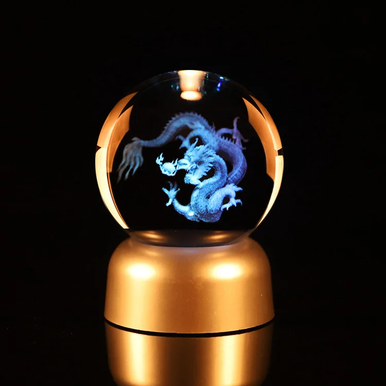 Promotional Gift Various Size Decoration Customize Led 70 mm Crystal Ball Dragon Etched K9 Glass Ball Stand