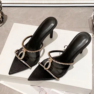 QuiteS 2026 Hot Sales Satin Stiletto Open Toe Strap Rhinestone High Top Sandals Slip on Casual Elegant Shoes for Women