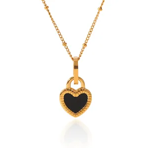 MW 18K Gold Plated Double-Sided Stainless Steel Black White Signet Lock Heart Pendant Necklace Trendy Chains for Women