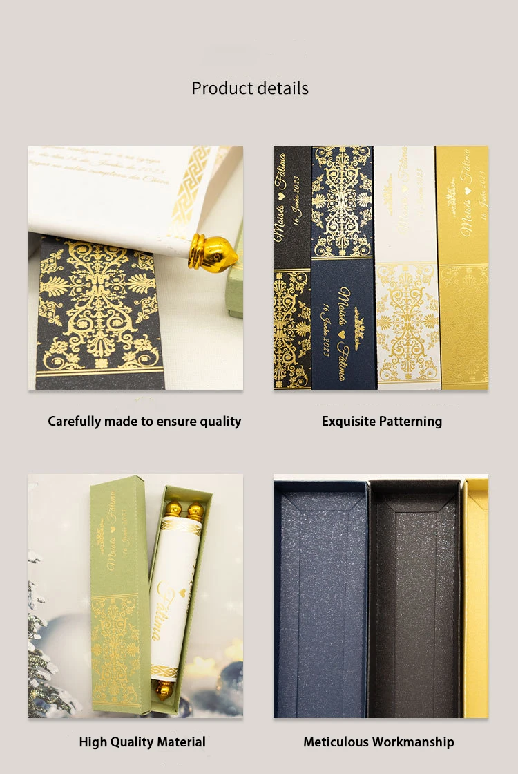 Nicro Creative Design Royal Style Gold Foil Stamping Unique Box Tassel Packing Paper Scroll Rolling Wedding Invitation Cards