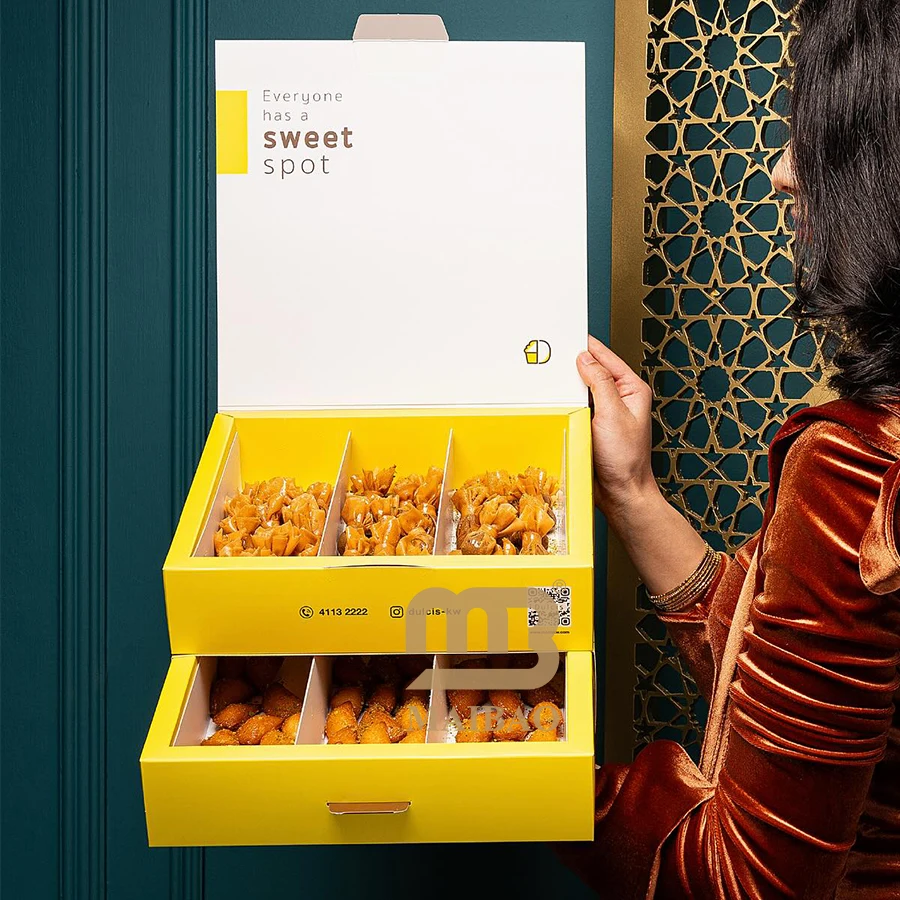 Custom Arabic Bagsha Qatayef Sweet Takeout Paper Box,Kuwait Pastry Drawer Box,Double Layered Bakery Chocolate Cookie to Go Box