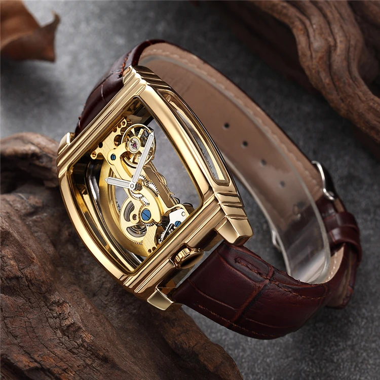 Leather Male Mechanical Watch Men Automatic Steampunk Watch Mens Skeleton Watches Bronze Transparent Vintage Sport Wristwatch, Men's, Size: One size