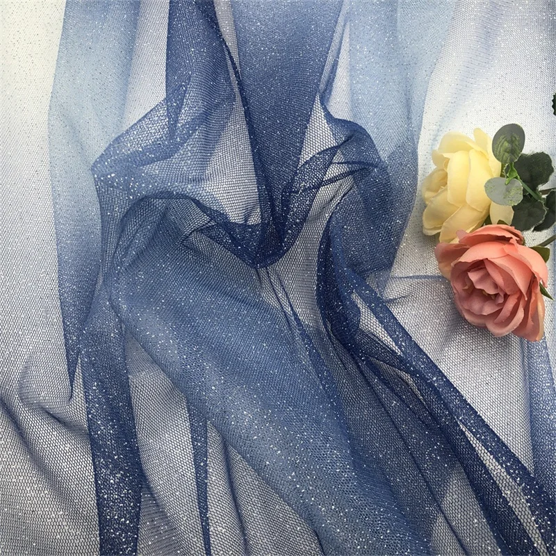 New Design Shimmer Ombre Color Changing Printed Mesh Glitter Tulle Fabric Net Polyester Blue Sparkle Glitter Fabric for Dress
