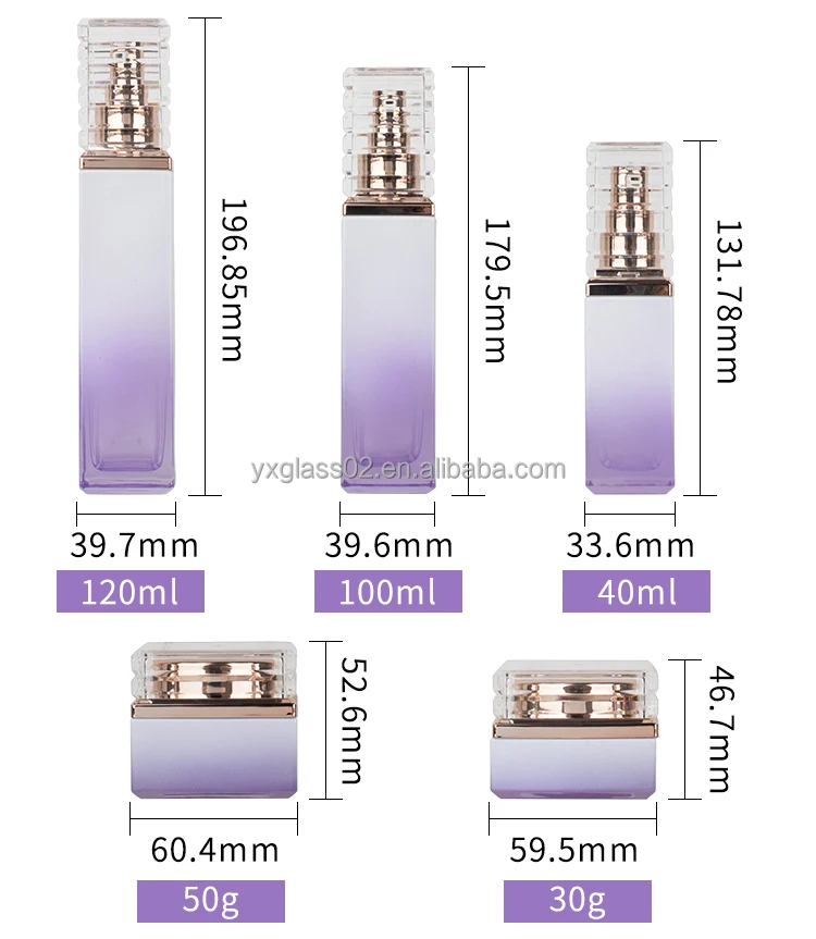 cosmetic glass packing set 120ml 100ml 40ml rectangular glass bottle with aluminum pump and transparent cover factory