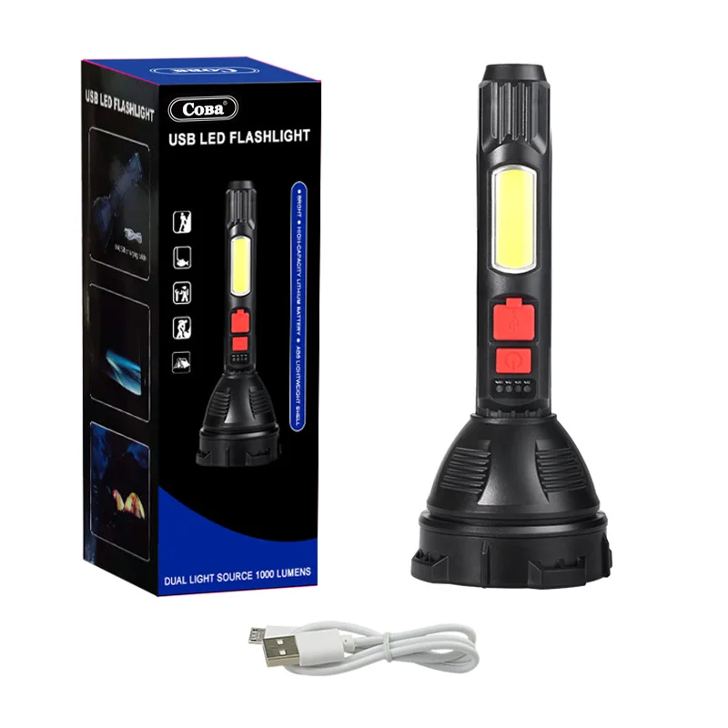 Powerful Super Bright COB Side Light LED Flashlight Portable USB Rechargeable Hand Light Waterproof Built-in Battery Torch