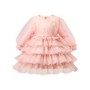 Customizable New Style Pink Cute Tulle Cake Dress Sweet Girl Dress Long Sleeve Kids Children Dresses for 2 to 12 Years