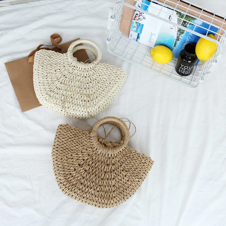 Wholesale Retro Hobo Large Woven Round Handle Straw Tote Bag Summer