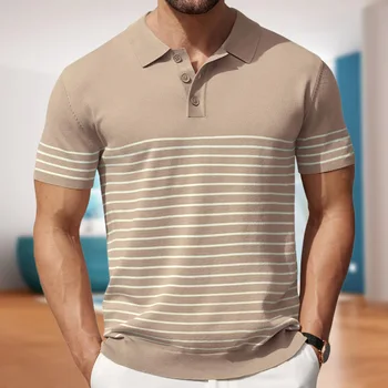 Men's knit striped polo collar neck shirt sweater viscose shirt beige polo tshirt custom logo