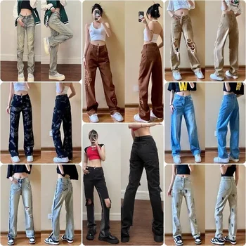 Women's Clothing Large Size Wide Leg Trousers High Waist Casual Straight Hole Denim Pant Loose Womens Jeans