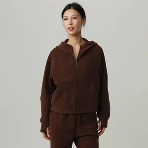 Roregal Women's Autumn Winter Fleece Yoga Coat Large Pockets Hooded Sweatshirt Sporty Outerwear Warm Jacket