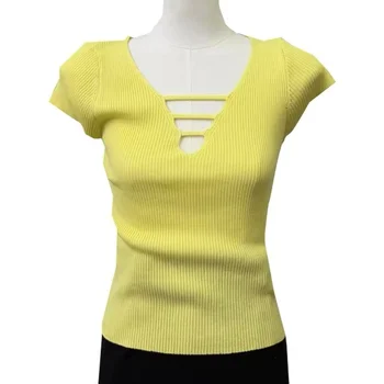 Korean-Style Macaron V-Neck Knitted Top for Hot Girls 100% Cotton Summer Slimming Versatile Design Hot Girl's Temperament