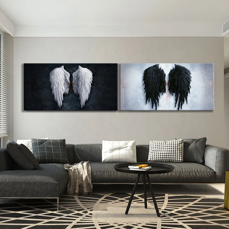 HD Abstract Nordic Angle Wings Feathers Poster Fashion Canvas Painting Pop Art Black and White Angel Wings Vintage Room Decor