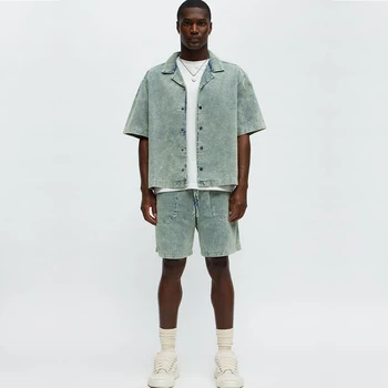 Factory Manufacturer 100% Cotton Denim Shirt Men's Jacket Short Sleeves Shirt Set Customizables Shirt and Shorts Set Men