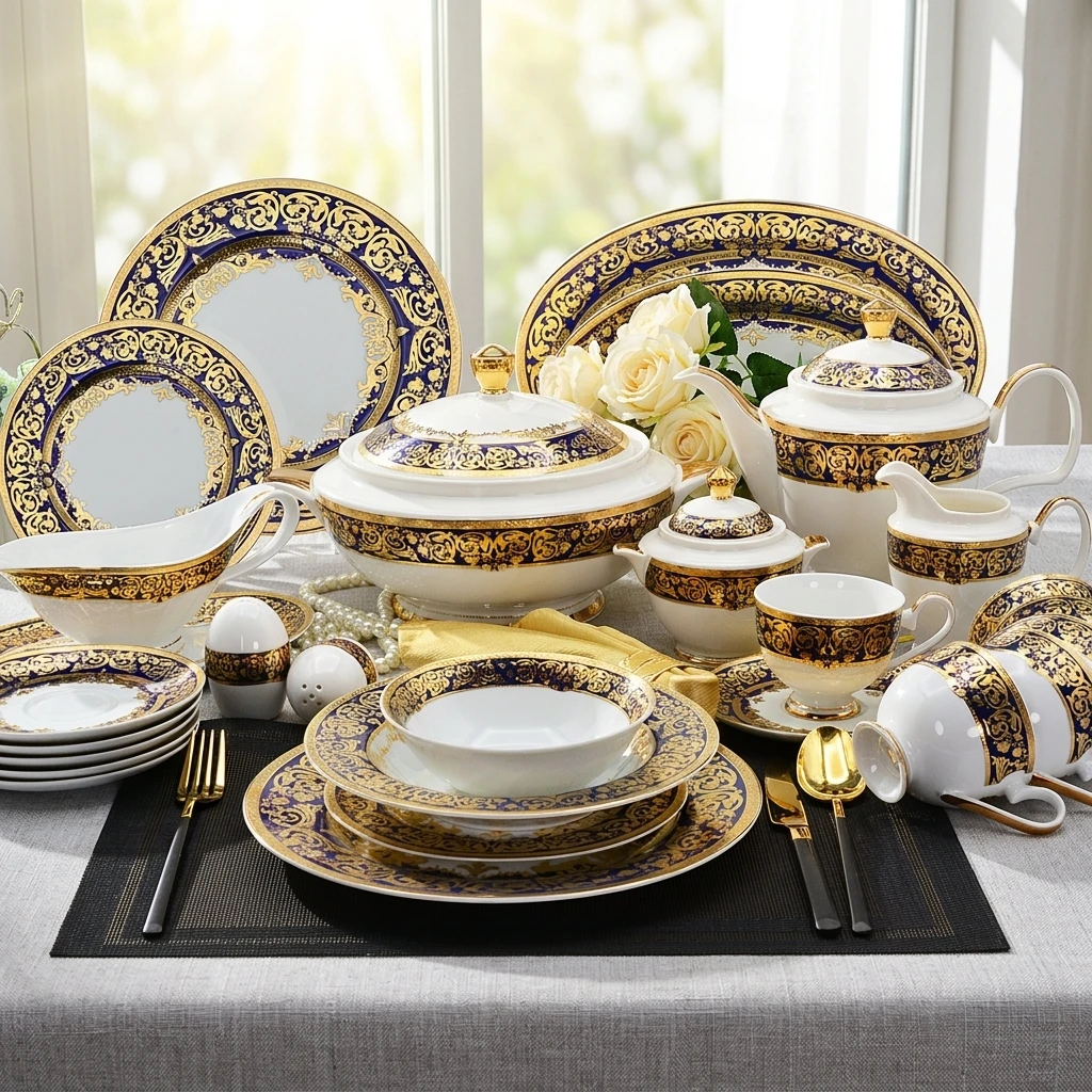 98pcs Luxury High Quality Ceramic Dinnerware Set With Embossed Gold Pattern Durable & Safe For Hotel Restaurant And Home Use