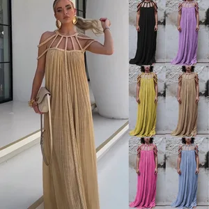 2026 Spring Summer Chiffon Natural Waist A-Line Drawstring Loose Floor-Length Casual Dress