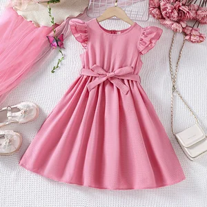 Summer Casual Double Layer Ruffle Sleeve Solid Knee-length ODM Girls Dresses